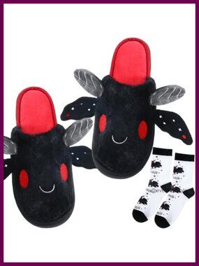 Mothman Plush Slippers with Socks Set Fuzzy Non Slip House Shoes